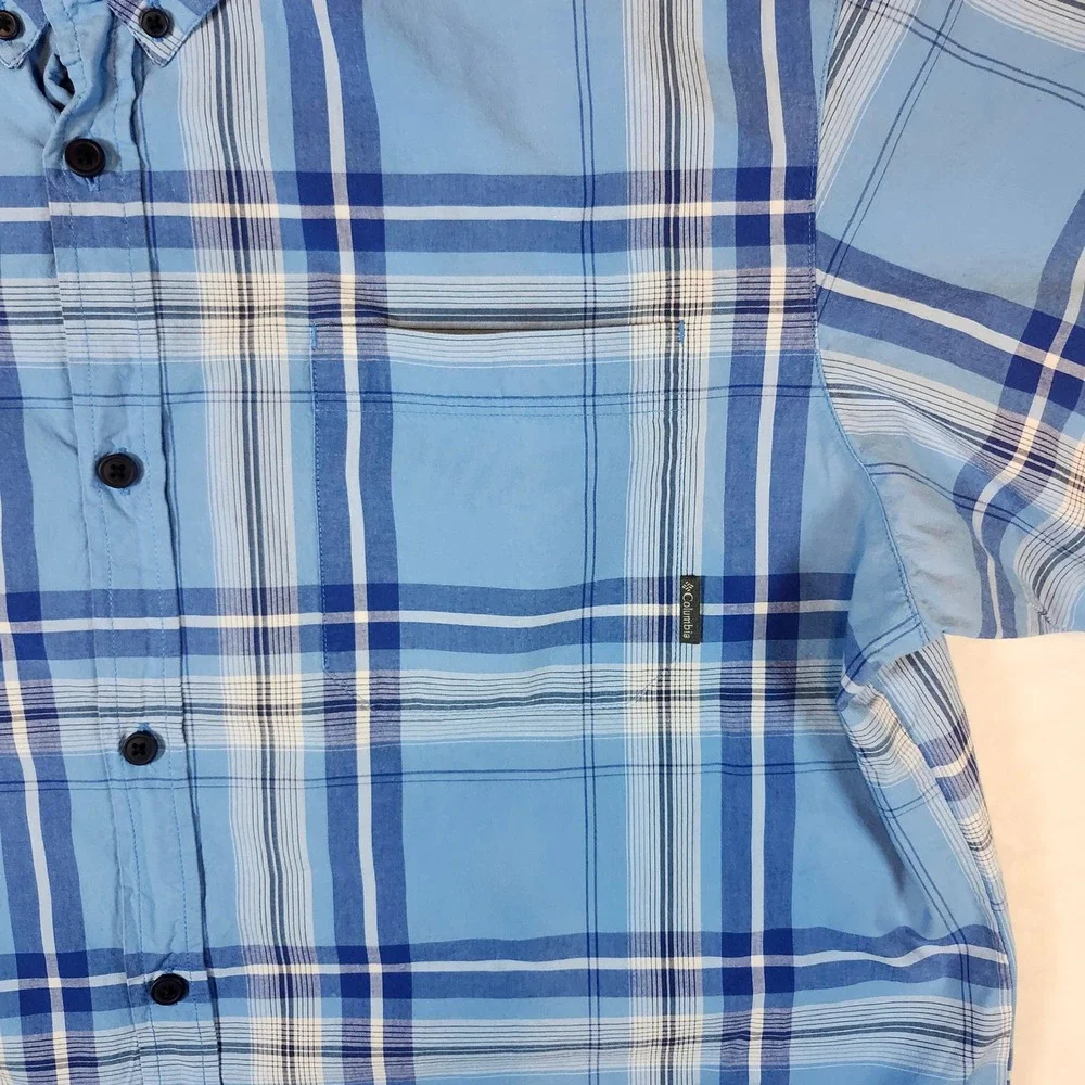 Columbia Button Front Shirt Mens XXL Blue Excellent Plaid AM9132 Short‎ Sleeve